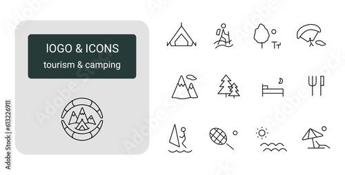 Simple set of logo and icons for tourism, camping, outdoor activities, sports complex. Vector isolated on white background