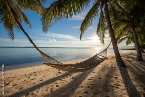 Relaxing hammock suspended between two palm trees on a serene beach. Generative AI © Cloudyew