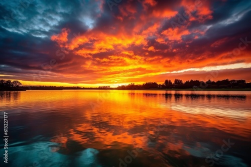 Stunning sunset reflecting over a serene lake with a backdrop of majestic clouds. Generative AI