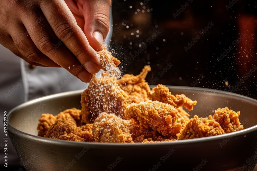 A person sprinkling salt on some fried chicken in a bowl A person sprinkling salt on some fried chicken in a bowl