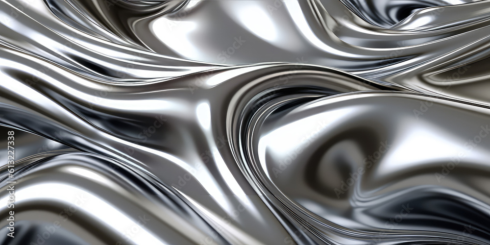 Closeup texture of liquid shiny metal in silver gray color with swirls, highlights and shimmers. Liquid metallic texture, backdrop for web promotion. Generative AI 3d render illustration imitation. Closeup texture of liquid shiny metal in silver gray color with swirls, highlights and shimmers. Liquid metallic texture, backdrop for web promotion. Generative AI 3d render illustration imitation.