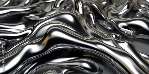 Close-up texture of liquid shiny metal in silver gray color with waves, highlights and shimmers. Liquid metallic texture, backdrop for web promotion. Generative AI 3d render illustration imitation.