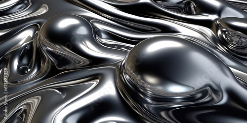 Close up texture of liquid shiny metal in silver gray color with bubbles, highlights and shimmers. Liquid metallic texture, backdrop for web promotion. Generative AI 3d render illustration imitation.