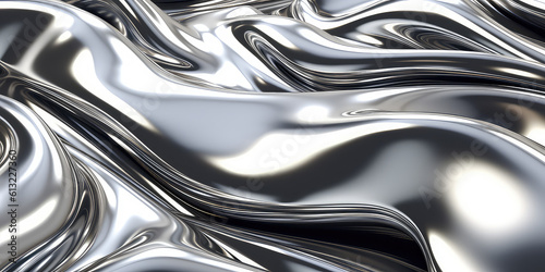 Close up texture of liquid shiny metal in silver gray color with highlights and shimmers. Liquid metallic texture, backdrop for web promotion. Generative AI 3d rendering illustration imitation. © SnowElf