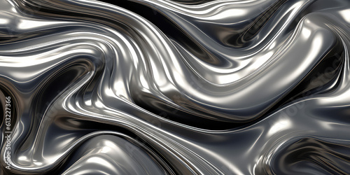 Close-up texture of liquid shiny metal in silver gray color with waves and shimmers. Liquid metallic texture, backdrop for web promotion. Generative AI 3d render illustration imitation.