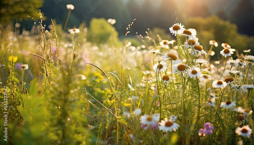 Field with wildflowers in sunlight. generative AI Field with wildflowers in sunlight. generative AI