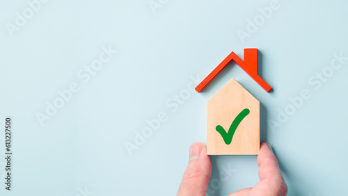 Mortgage loan approved new house check box mark financial real estate agreement deal rental residential blue background. Business construction insurance investment concept. Property management team