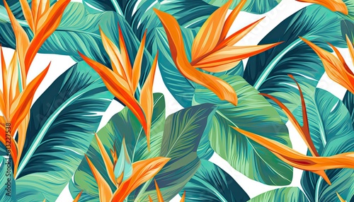 Background with tropical leaves. strelitzia. Graphical pattern.