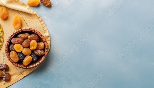 Eid al-Fitr holiday concept with sweet dried dates, fruits and decorations on background. Top view from above. blue background.