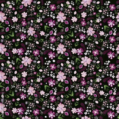 Delicate seamless botanical textile print with small flowers, hand drawn, vector. flower seamless background. Floral fashion pattern.Floral fabric pattern with small flowers, spring print