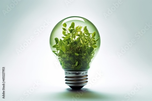 Plant growing inside a light bulb, concept of sustainable and eco-friendly living. Generative AI