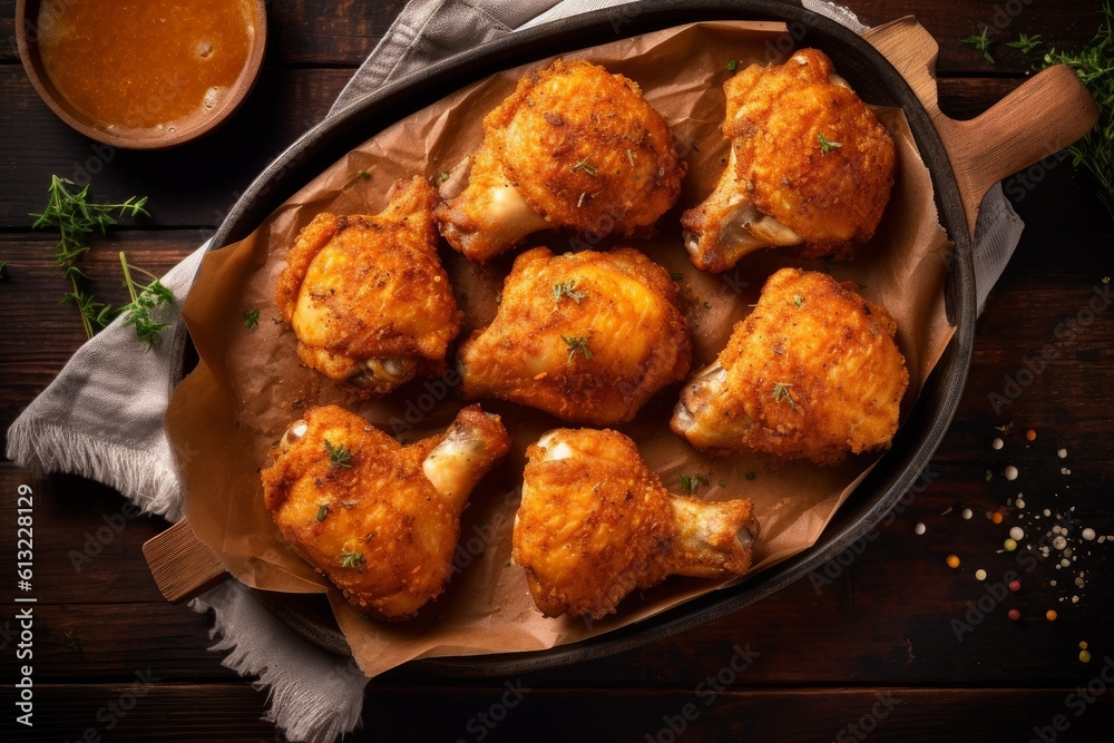 Delicious chicken breast meal with a side of sauce. Generative AI Delicious chicken breast meal with a side of sauce. Generative AI