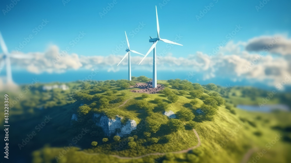 Aerial top view of white windmill with cloud blue sky. Generative ai