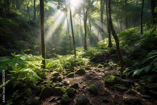 Sun rays filtering through trees in a dense forest. Generative AI