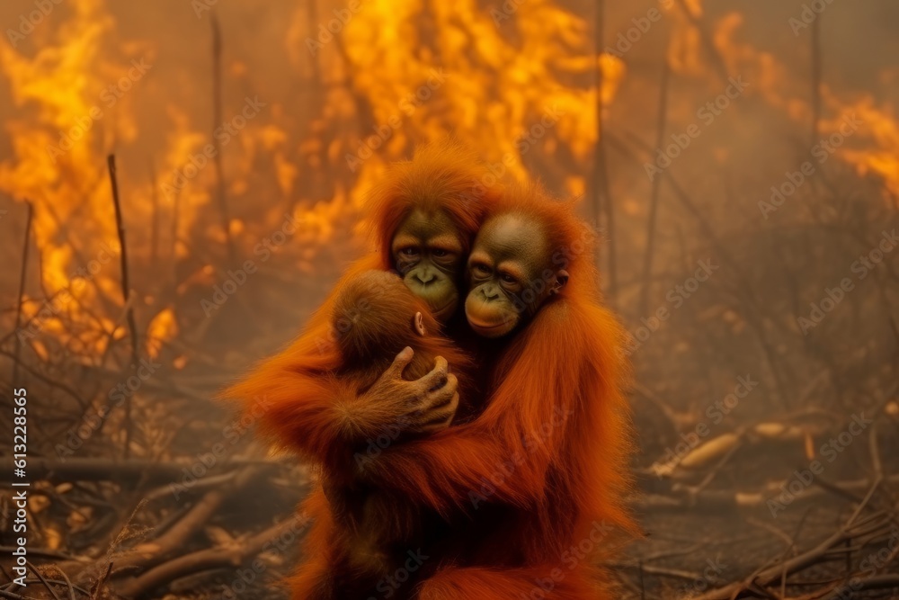 Orangutan embracing in front of a warm fire. Generative AI