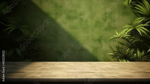 Empty table on khaki green texture wall background. Generative ai
