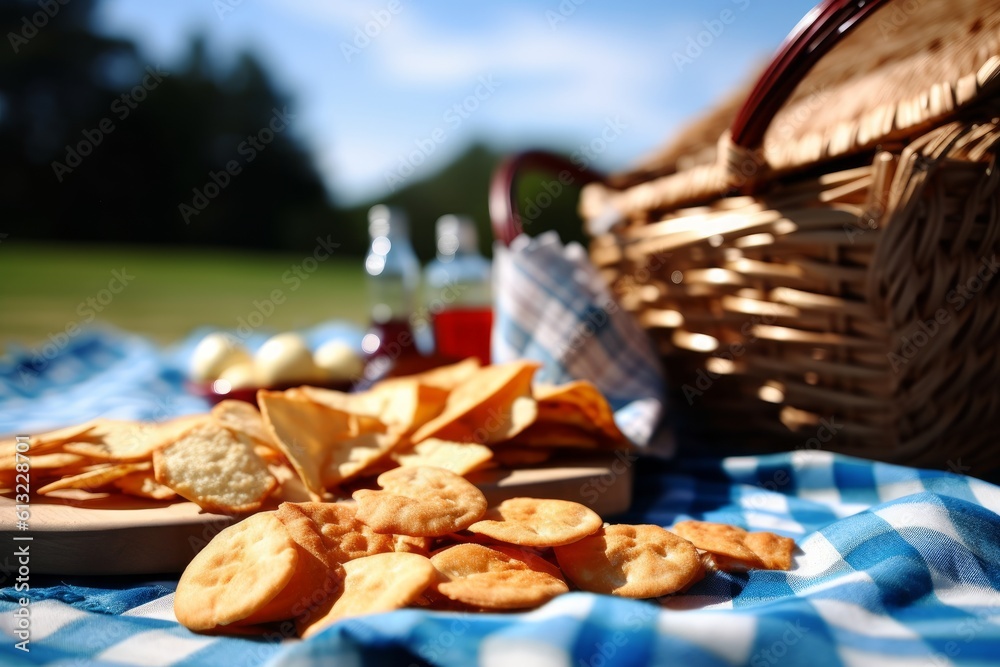 Picnic basket filled with assorted crackers on a colorful picnic blanket. Generative AI