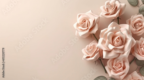 A beautiful bouquet of pink roses on a neutral beige background. Generative ai