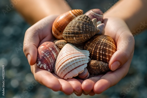 Hand holding a variety of seashells on a sandy beach. Generative AI