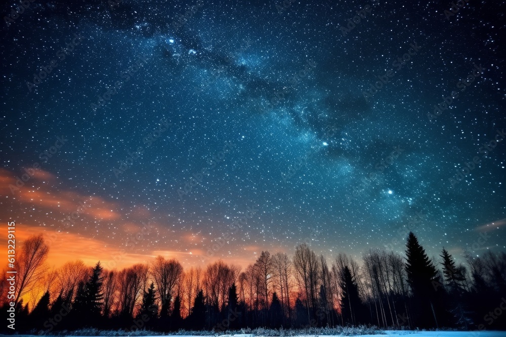 Breathtaking night sky with twinkling stars and tall trees. Generative AI