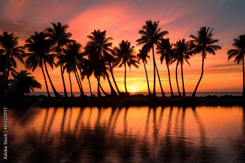 Silhouettes of palm trees on the beach during sunset generative ai 