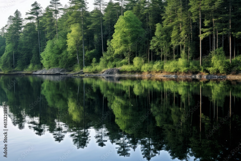 Serene lake nestled amongst a forest of trees and rocky terrain. Generative AI
