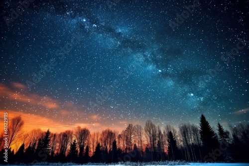 Breathtaking night sky with twinkling stars and tall trees. Generative AI © Cloudyew