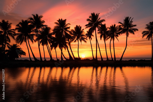 Silhouettes of palm trees on the beach during sunset generative ai  © deyton