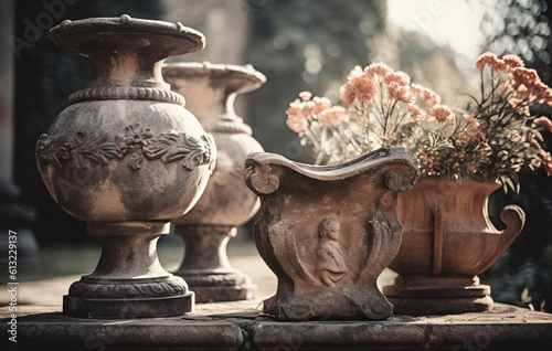 antique vase with flowers in a garden created with Generative AI technology