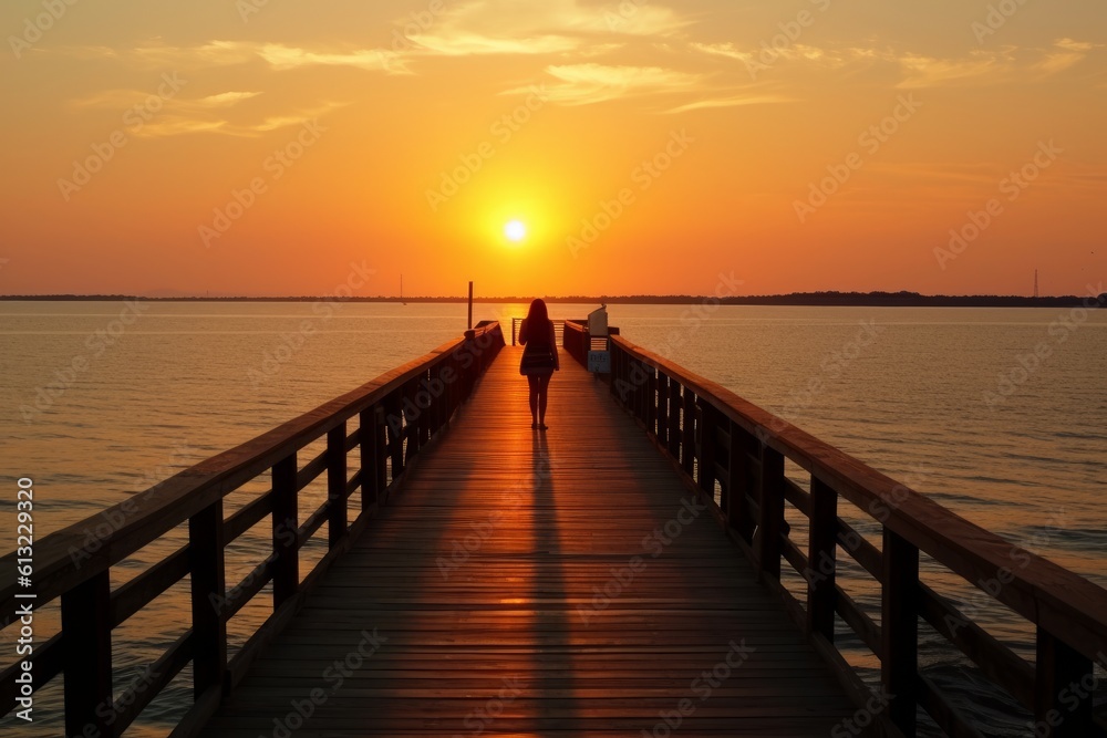 Person strolling along a pier, bathed in the warm hues of a sunset. Generative AI