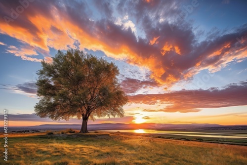 Solitary tree silhouetted against a colorful sunset in an open field. Generative AI