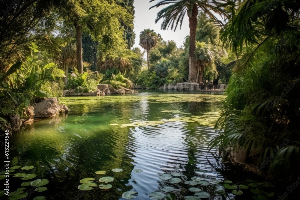 Obraz premium Serene pond with lush palm trees and vibrant water lilies. Generative AI
