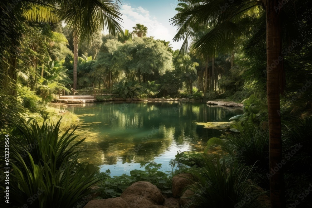 Serene pond surrounded by lush palm trees and rocky terrain. Generative AI