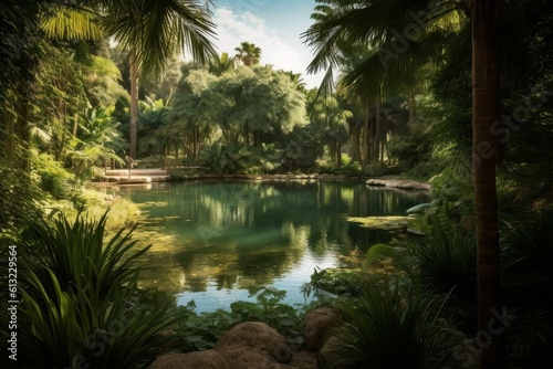 Serene pond surrounded by lush palm trees and rocky terrain. Generative AI