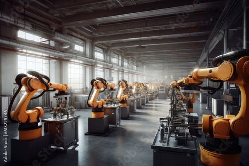 Group of robots working together in a factory. Generative AI