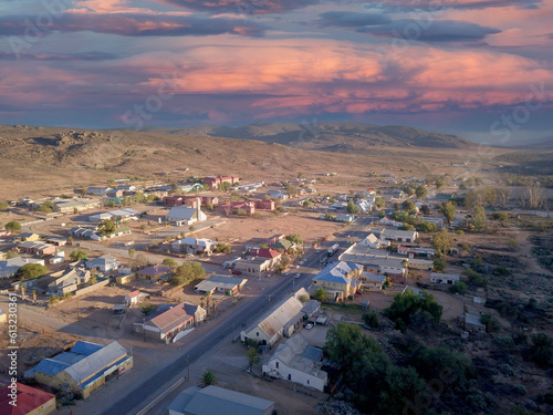 Aerial of small town on remote landscape, northern cape, south africa