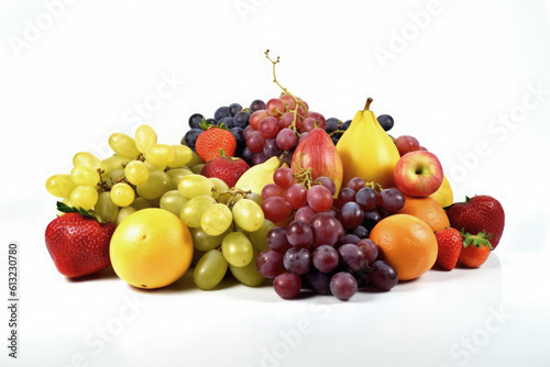 Autumn fruit with orange tangerina grapes apple pear isolated on white background. Ai generative