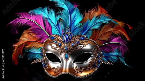 A Carnival of Disguise: Beautiful Venetian Mardi Gras Mask with Colored Plumage. Generative AI © AIGen