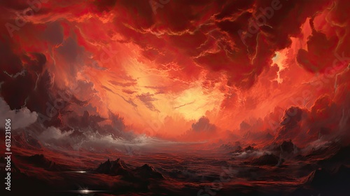 A Striking Sunset: Red Lava and Dark Clouds Against the Night Sky. Generative AI