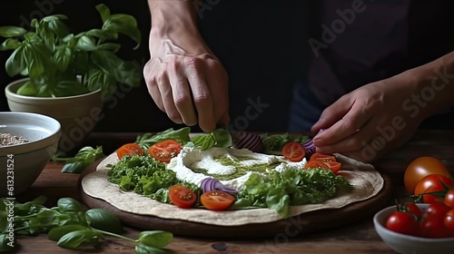Chef Prepares Delicious Plant-Based Pizza with Ricotta, Pesto, and Veggies - Closeup of the Making Process. Generative AI