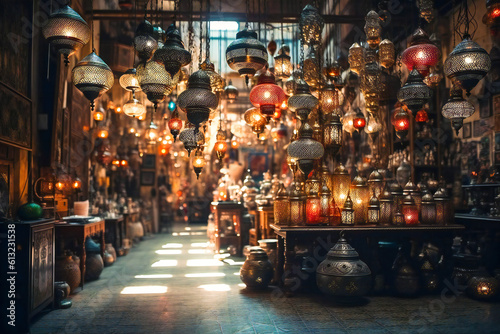 Metal filigree lanterns in a middle east bazaar. Oriental artwork and craft. Created with Generative AI technology. © Adrian Grosu