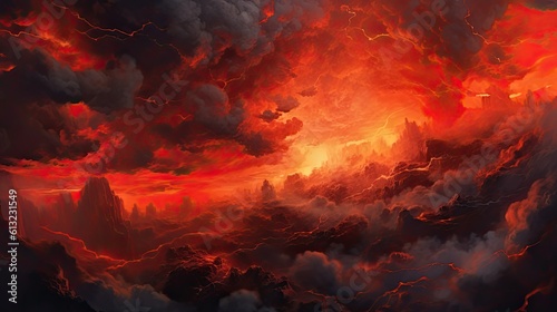 Dark Nature Art: Red Lava and Cloudy Skies at Night, Generative AI