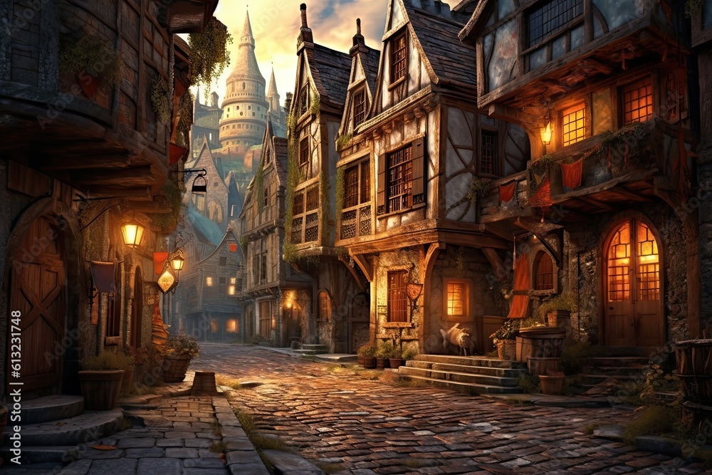 Magical Mediaeval Street - A Digital Art Fantasy of Gold Flying Buildings and Heroes Attacking. Generative AI