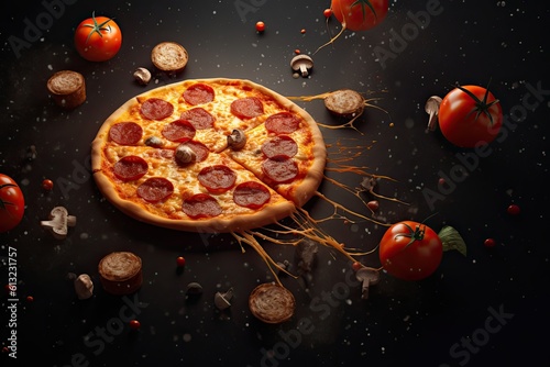 Tantalizing Pizza Delights Against a Dark Minimalist Background: Watch Flying Ingredients Come Alive, Generative AI