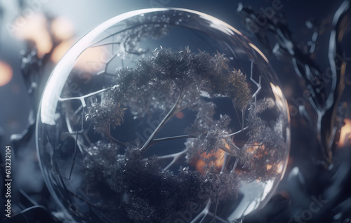 Tree in a crystal sphere. Biosphere concept created with Generative AI technology
