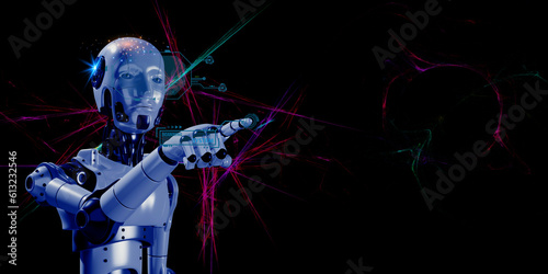 3d robotic is processing  commands and providing humans with answers. robot with element  futuristic digital icon on glow light abstract background