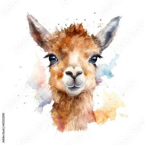 portrait little cute llama baby in watercolor isolated against transparent background