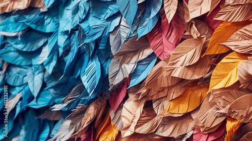 colorful feathers background. crumbled paper texture. Generative AI © pcperle