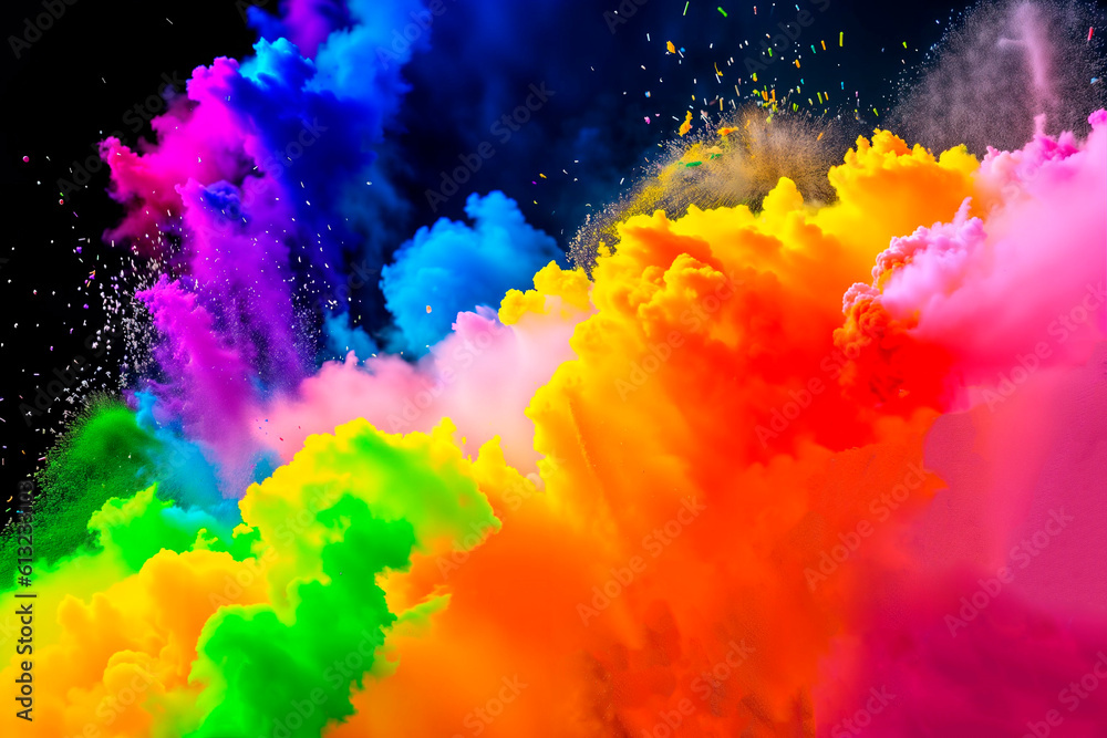 Colored powder explosion. Colorful rainbow paint splash. Colorful background in Holi colors.