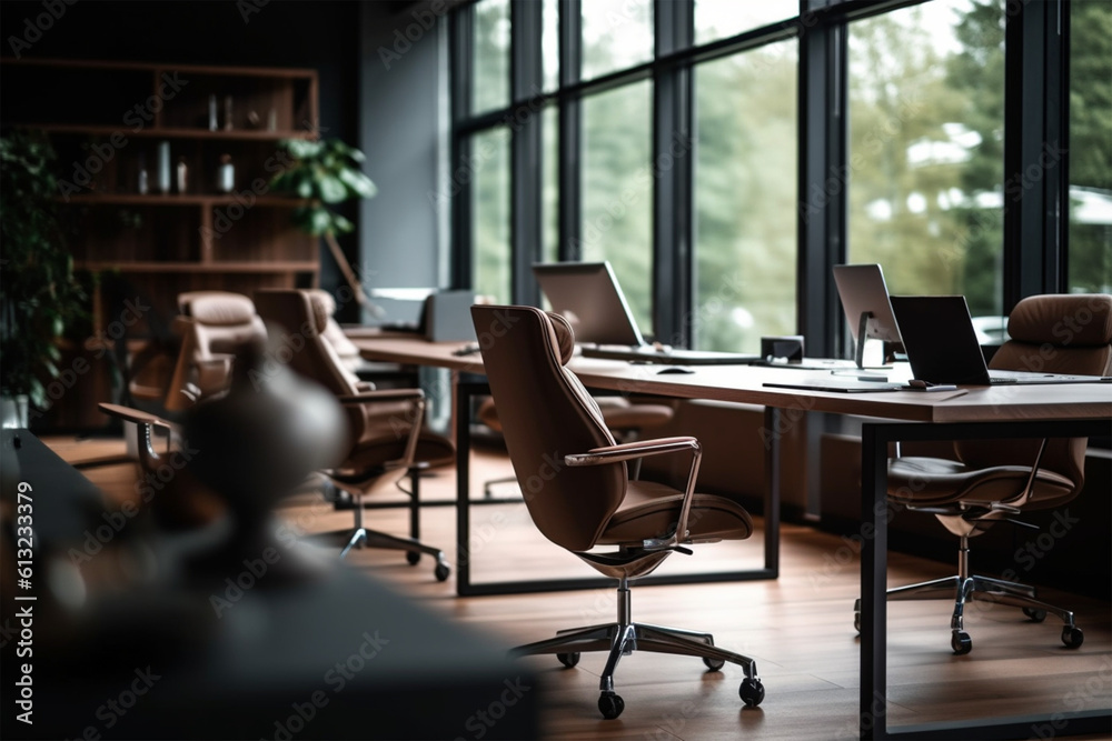  an office with wood desks and glass walls, in the style of high detailed, grey academia, wood, photo-realistic landscapes, vintage minimalism, light silver and light brown generativ ai